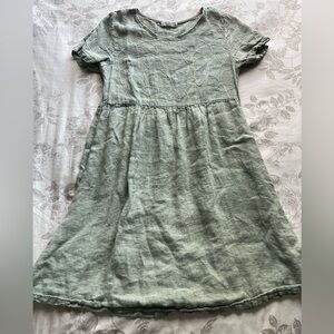 Sage Green Linen Leaf Embroidered Babydoll Mini Dress XS European Summer Fairy